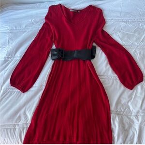 NY Collection Red Long Sleeve Dress with Black Belt